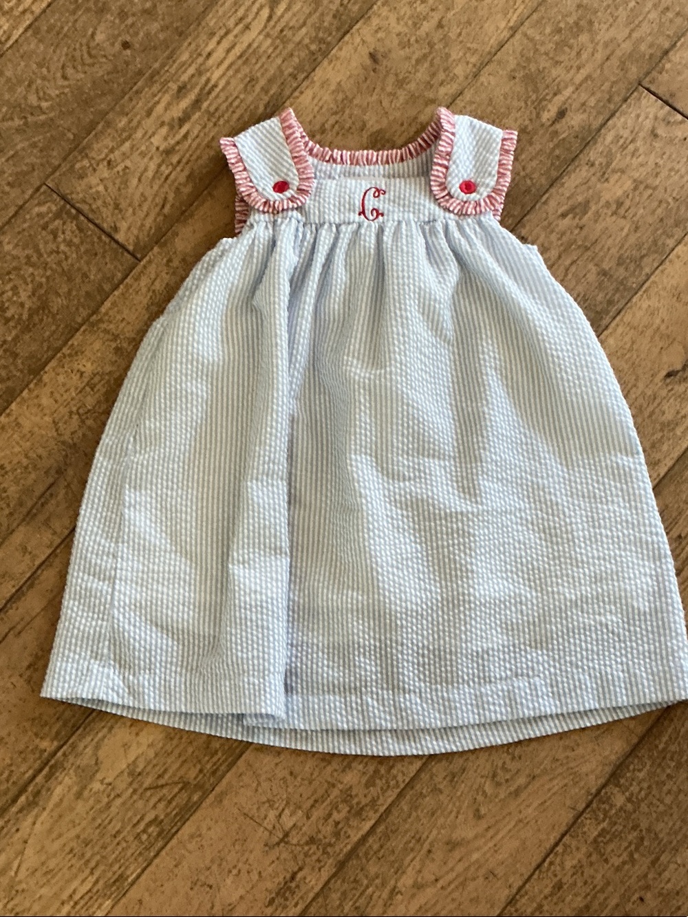 Light Blue Seersucker Girls Dress with Pink Trim